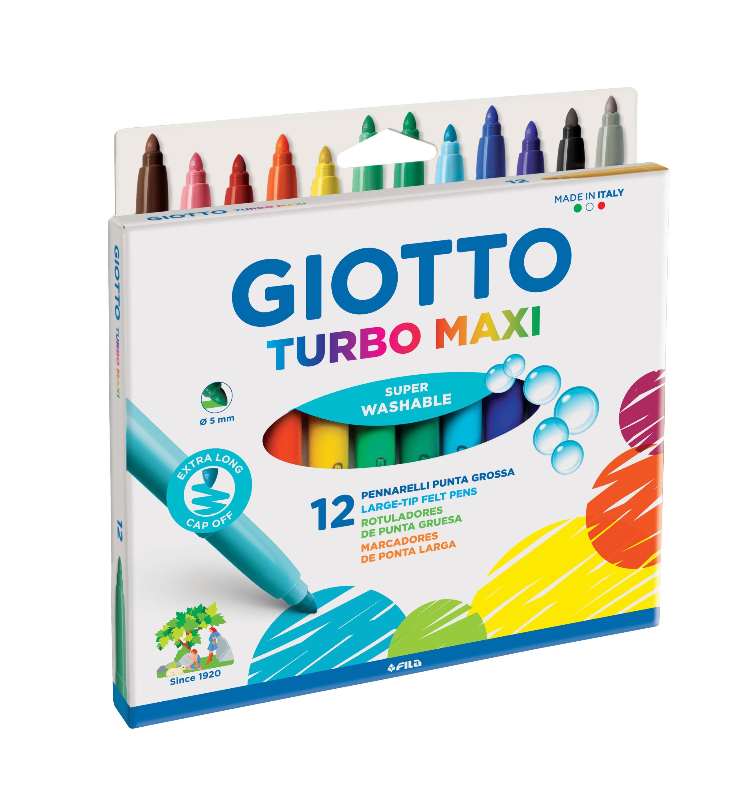 Estuche 12 rotuladores Giotto Turbo Maxi, punta gruesa 5mm, tinta al agua  lavable - ArtBendix