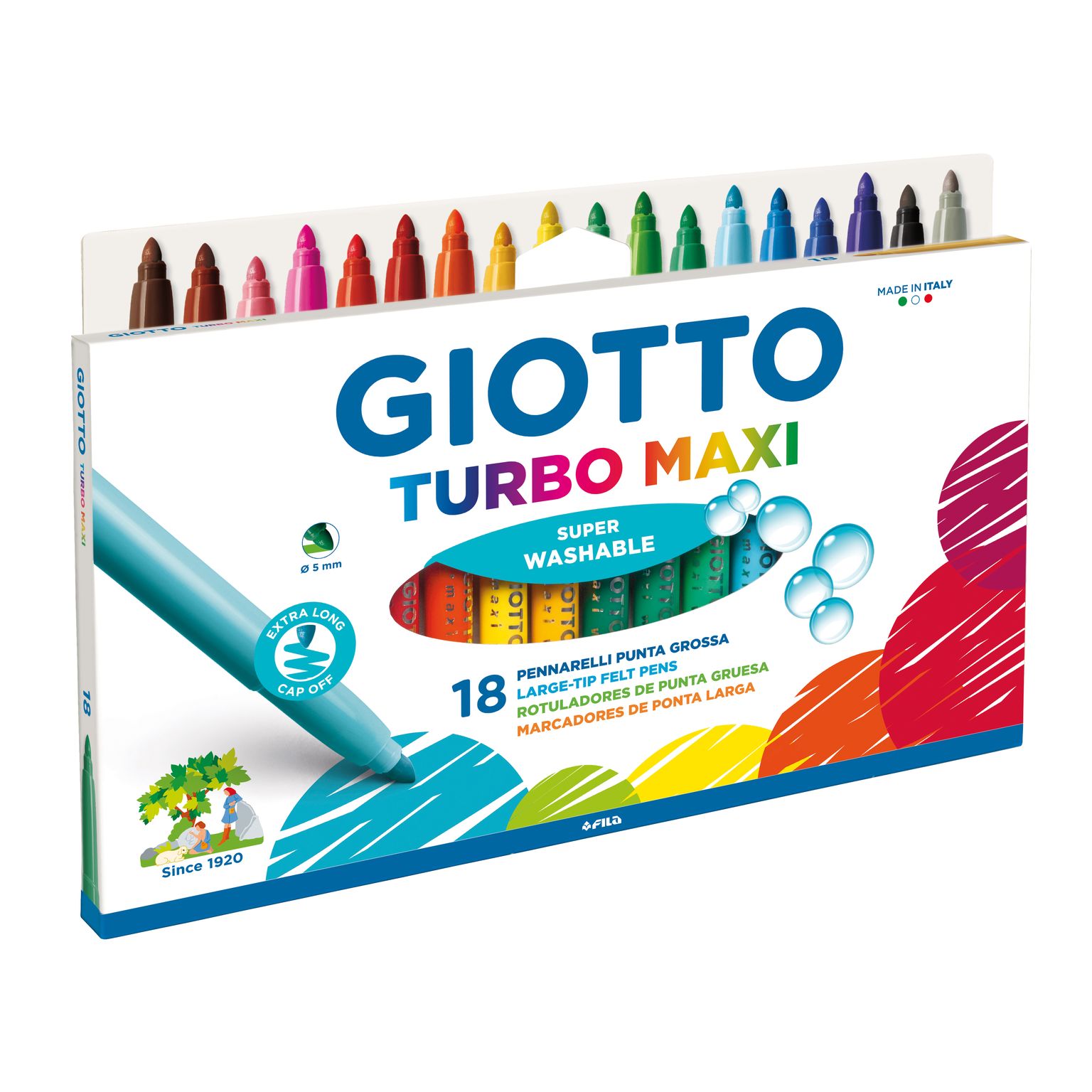 Estuche 18 rotuladores Giotto Turbo Maxi, punta gruesa 5mm, tinta al agua  lavable - ArtBendix